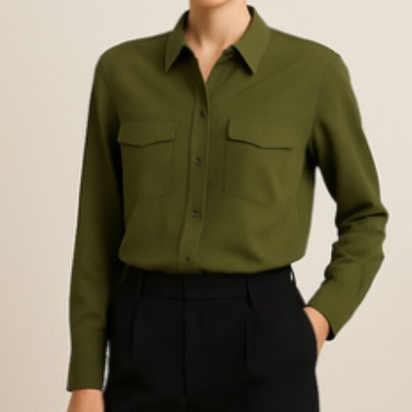 Olive Green Top Size Large Button Front Long Sleeve Blouse Fall Utility Neutral - Picture 1 of 10